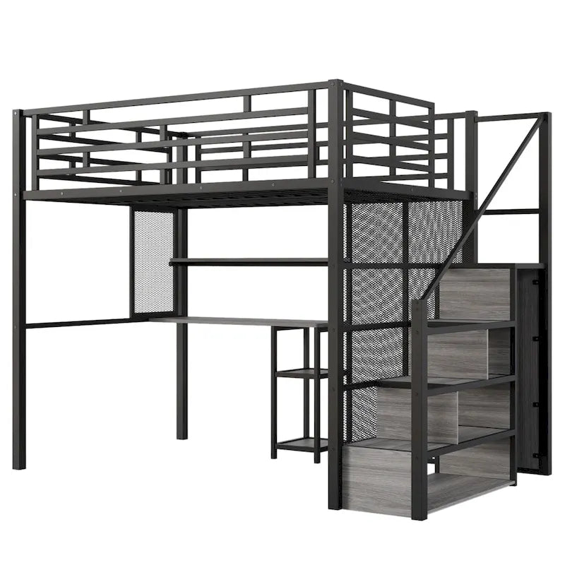Full Metal Loft Bed with Wardrobe, Desk & Storage Shelves