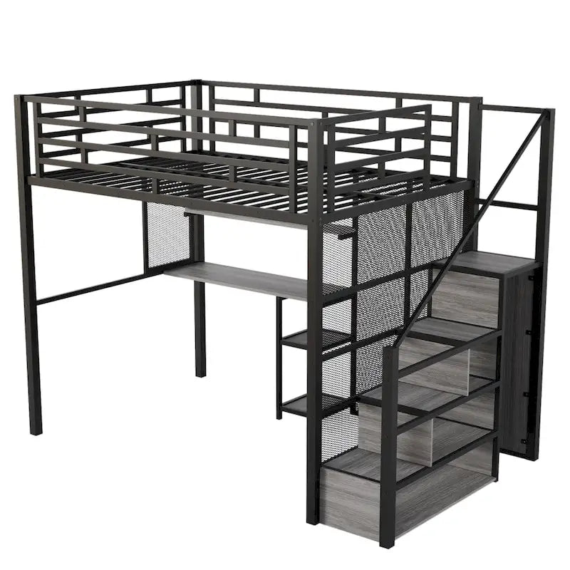 Full Metal Loft Bed with Wardrobe, Desk & Storage Shelves