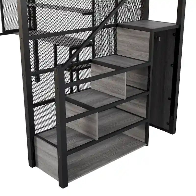 Full Metal Loft Bed with Wardrobe, Desk & Storage Shelves