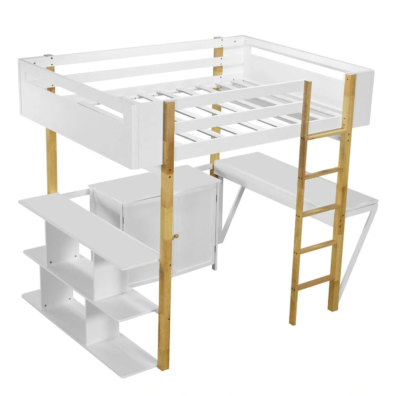 White Full Size Solid Wood Loft Bed with Built-in Storage and Foldable Desk