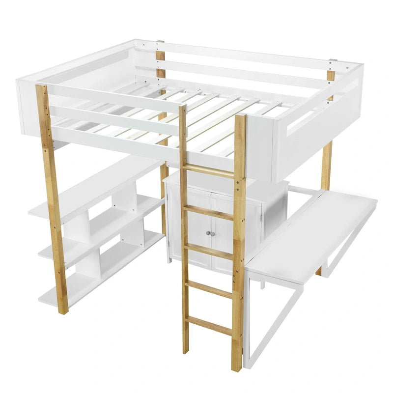 White Full Size Solid Wood Loft Bed with Built-in Storage and Foldable Desk