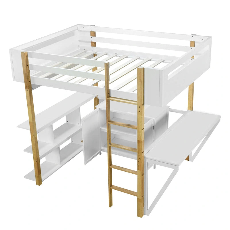 White Full Size Solid Wood Loft Bed with Built-in Storage and Foldable Desk
