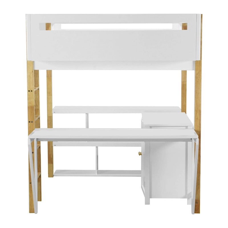 White Full Size Solid Wood Loft Bed with Built-in Storage and Foldable Desk