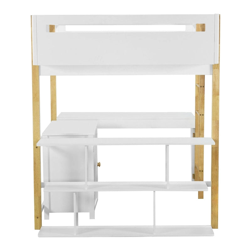 White Full Size Solid Wood Loft Bed with Built-in Storage and Foldable Desk