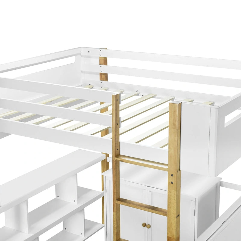 White Full Size Solid Wood Loft Bed with Built-in Storage and Foldable Desk
