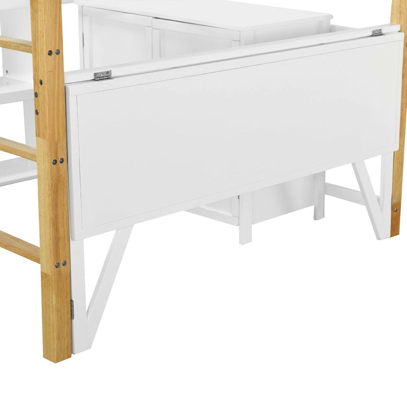 White Full Size Solid Wood Loft Bed with Built-in Storage and Foldable Desk