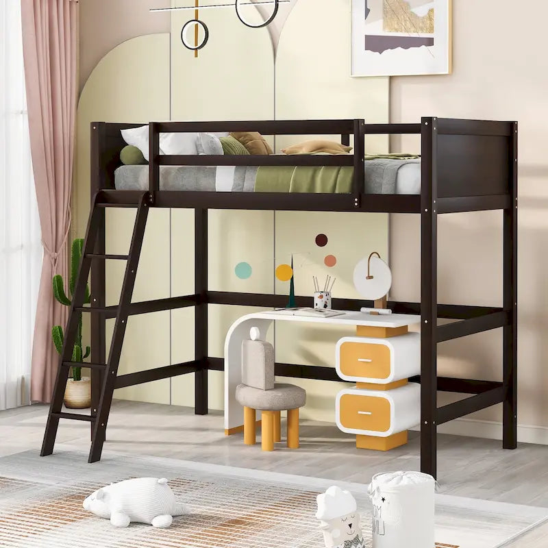 Espresso Twin Solid Wood Loft Bed with Ladder & Fence