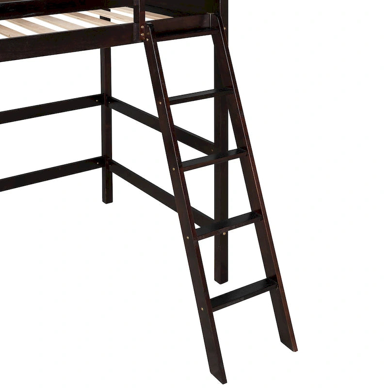 Espresso Twin Solid Wood Loft Bed with Ladder & Fence