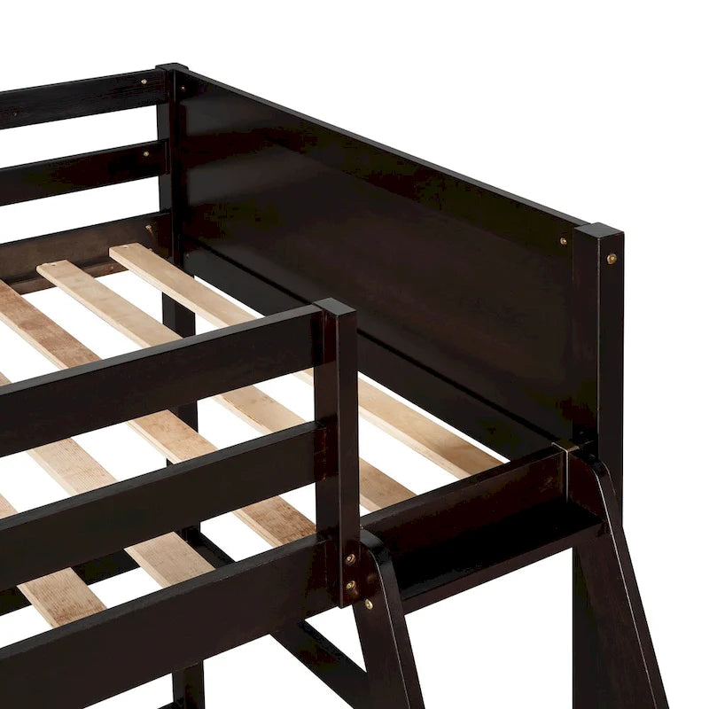 Espresso Twin Solid Wood Loft Bed with Ladder & Fence