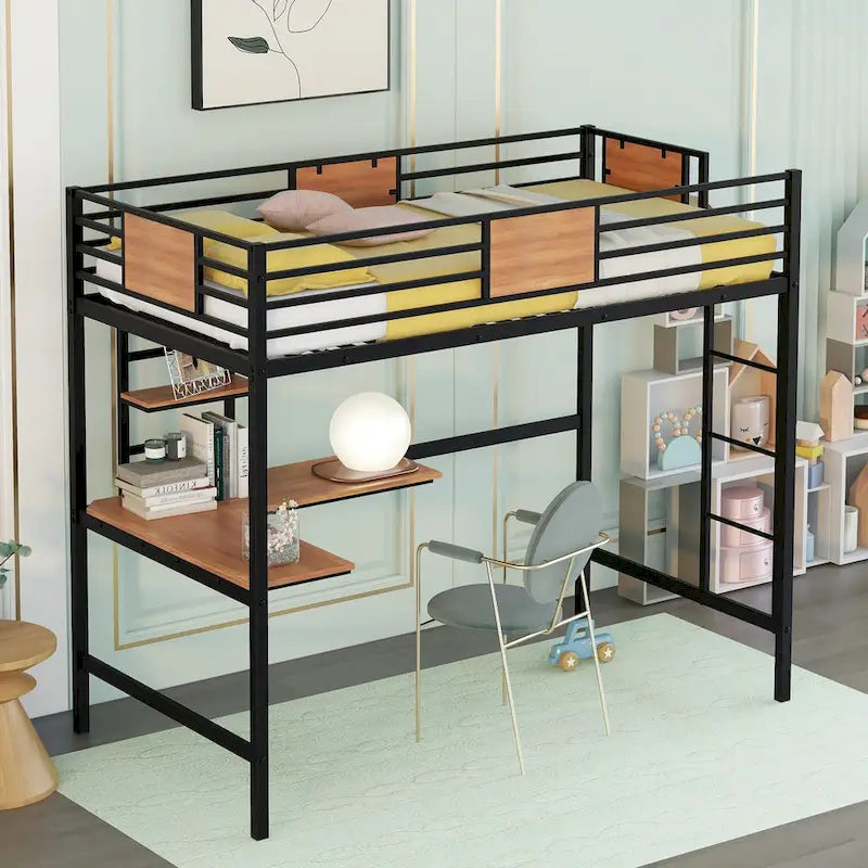 Black Twin Size Metal Loft Bed with Desk and Shelf for Kids