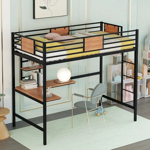 Black Twin Size Metal Loft Bed with Desk and Shelf for Kids