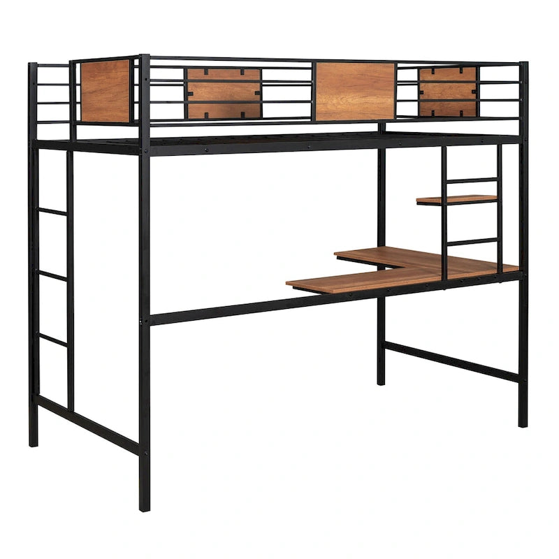 Black Twin Size Metal Loft Bed with Desk and Shelf for Kids
