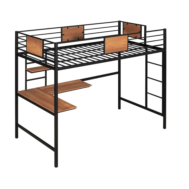 Black Twin Size Metal Loft Bed with Desk and Shelf for Kids