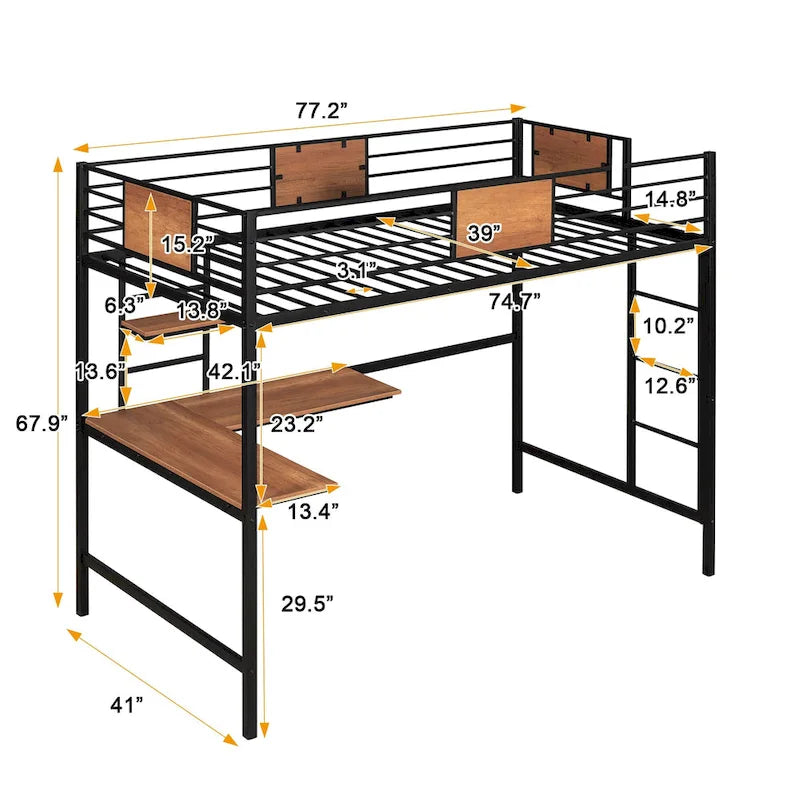Black Twin Size Metal Loft Bed with Desk and Shelf for Kids