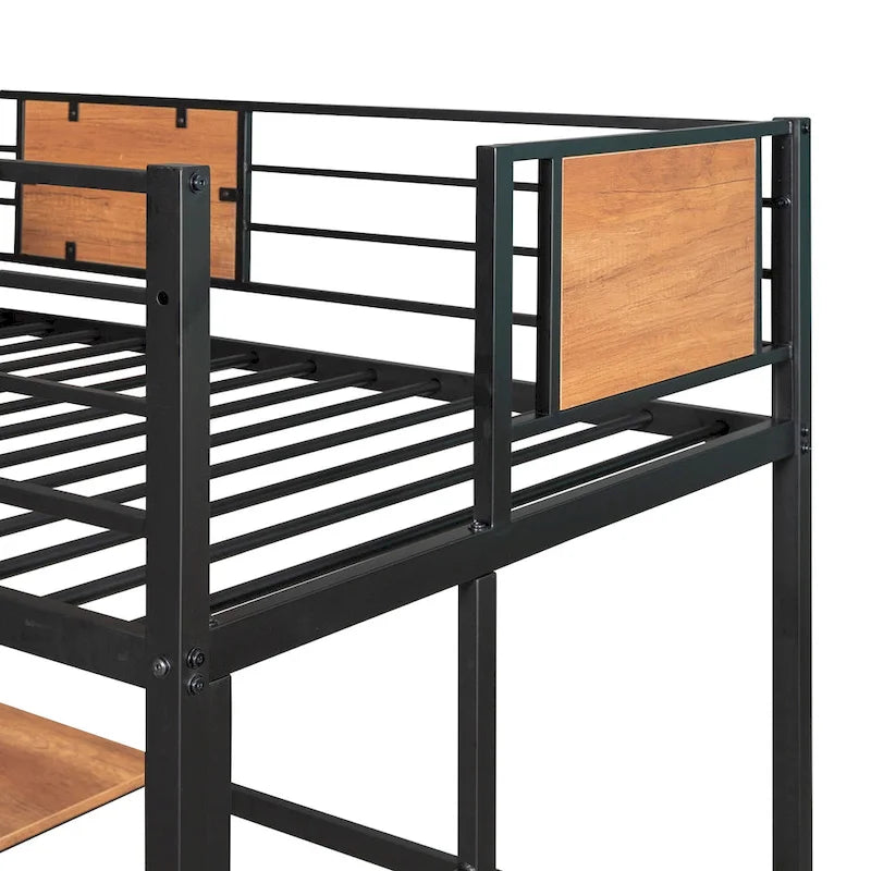 Black Twin Size Metal Loft Bed with Desk and Shelf for Kids