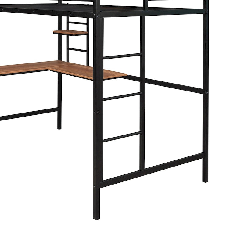 Black Twin Size Metal Loft Bed with Desk and Shelf for Kids