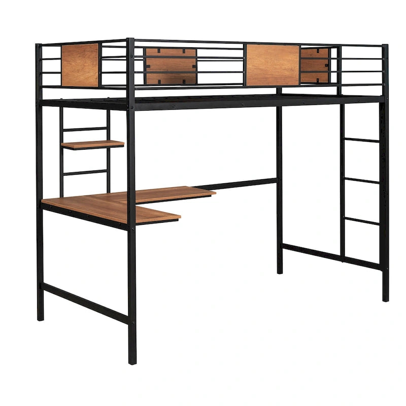 Black Twin Size Metal Loft Bed with Desk and Shelf for Kids