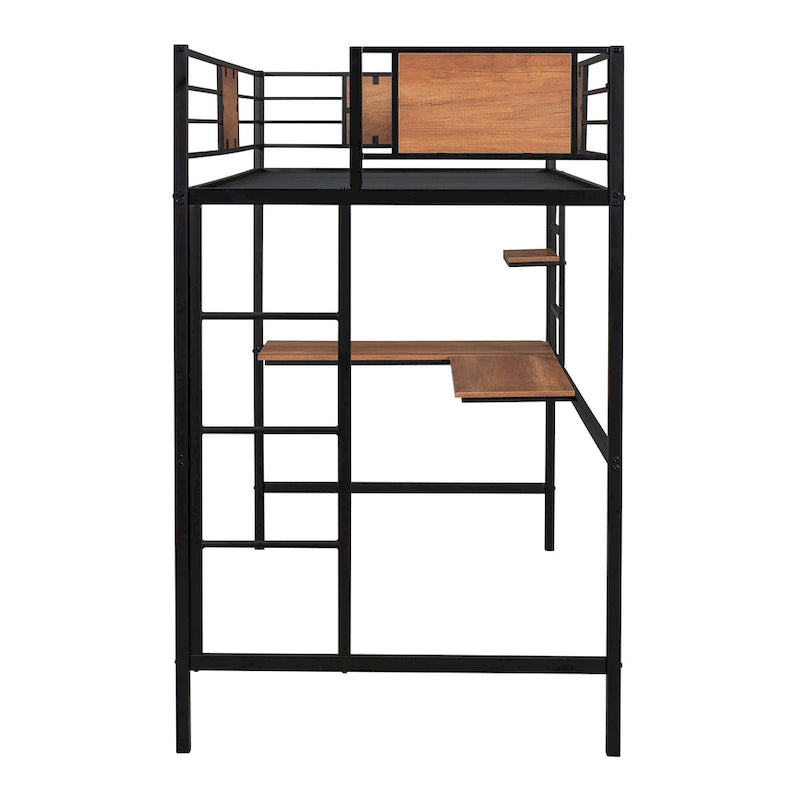 Black Twin Size Metal Loft Bed with Desk and Shelf for Kids