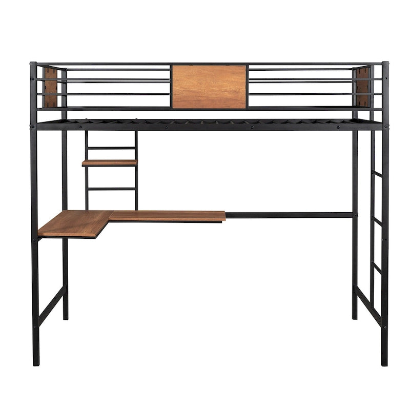 Black Twin Size Metal Loft Bed with Desk and Shelf for Kids