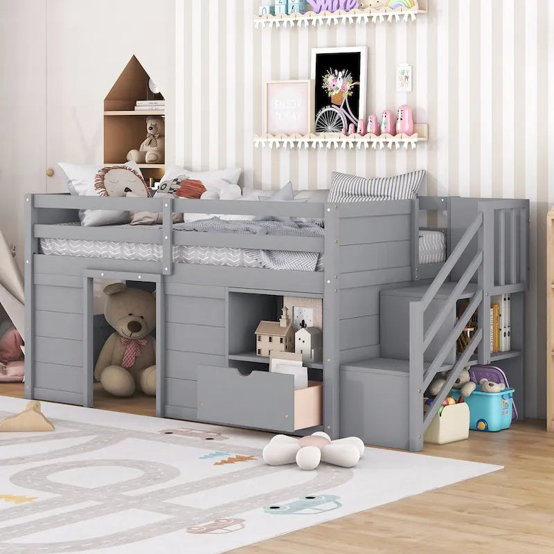 Gray Twin Solid Wood Low Loft Bed with Stair & Drawer