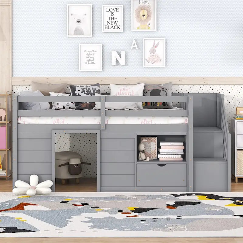 Gray Twin Solid Wood Low Loft Bed with Stair & Drawer