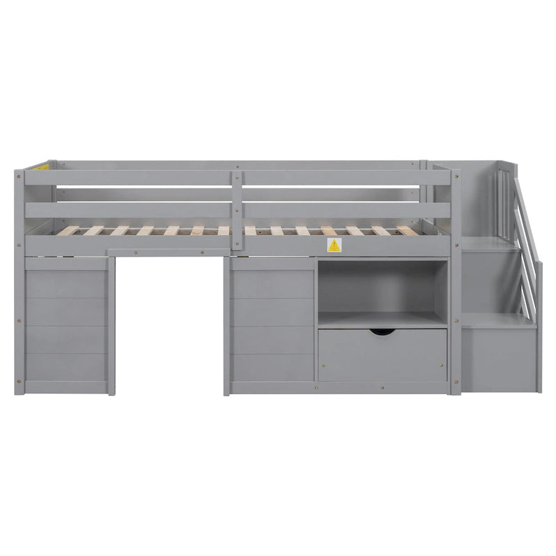 Gray Twin Solid Wood Low Loft Bed with Stair & Drawer