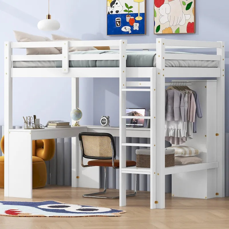 Solid Wood Loft Bed with L-shaped Desk and Storage Shelves