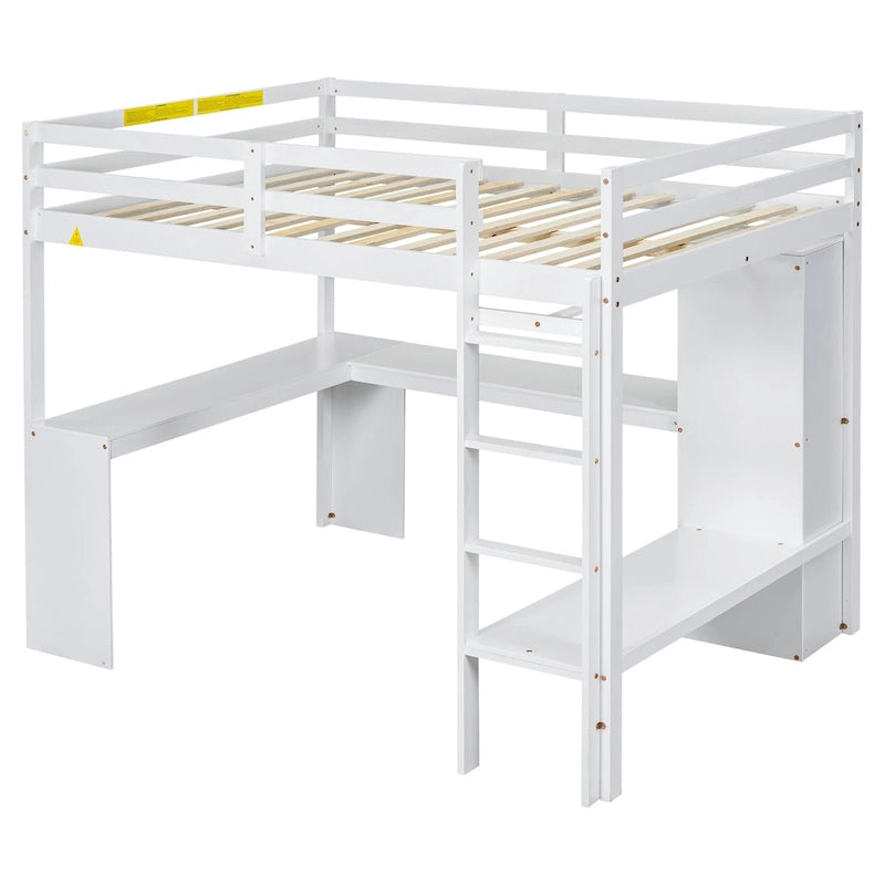 Solid Wood Loft Bed with L-shaped Desk and Storage Shelves