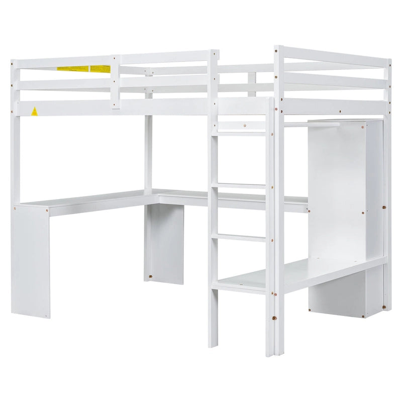 Solid Wood Loft Bed with L-shaped Desk and Storage Shelves