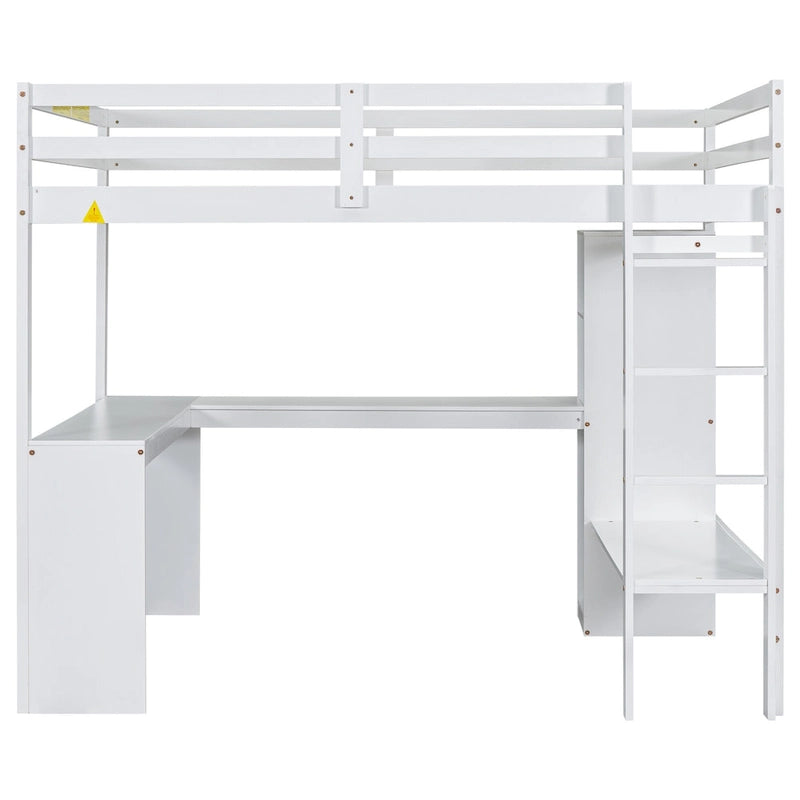 Solid Wood Loft Bed with L-shaped Desk and Storage Shelves