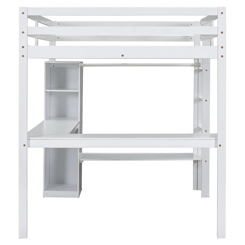 Solid Wood Loft Bed with L-shaped Desk and Storage Shelves
