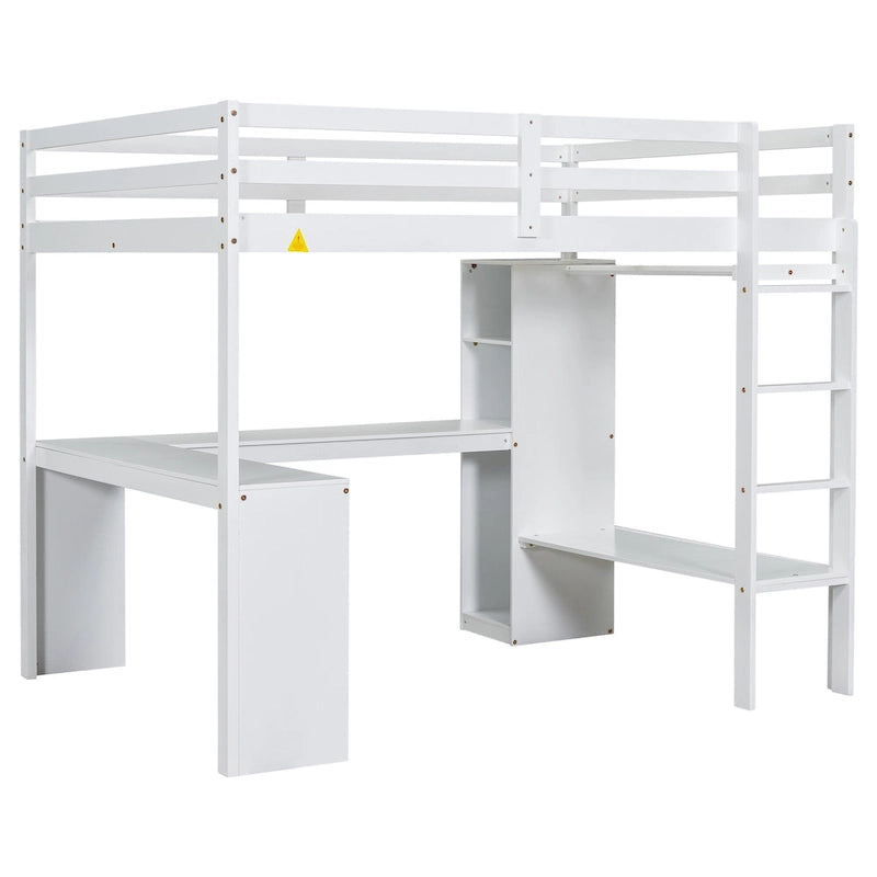 Solid Wood Loft Bed with L-shaped Desk and Storage Shelves