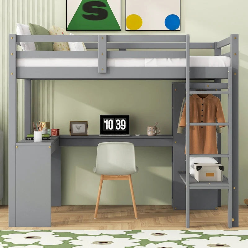 Solid Wood Loft Bed with L-shaped Desk and Storage Shelves