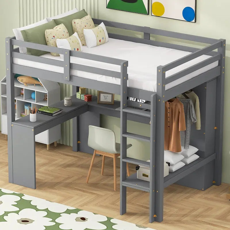 Solid Wood Loft Bed with L-shaped Desk and Storage Shelves