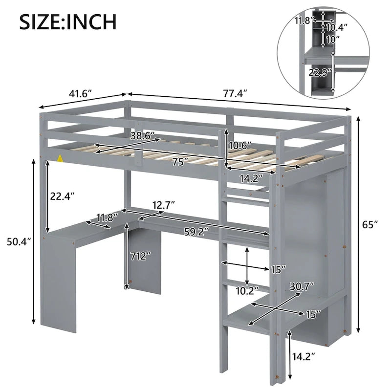 Solid Wood Loft Bed with L-shaped Desk and Storage Shelves