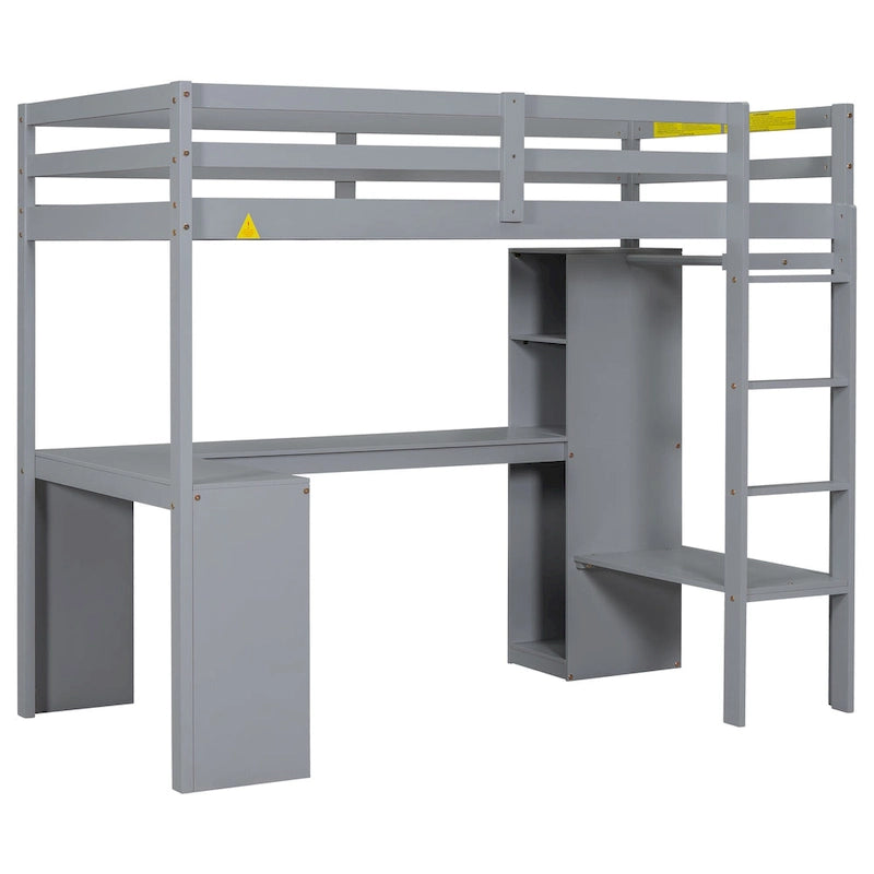 Solid Wood Loft Bed with L-shaped Desk and Storage Shelves