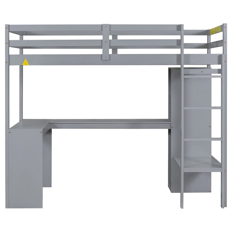 Solid Wood Loft Bed with L-shaped Desk and Storage Shelves