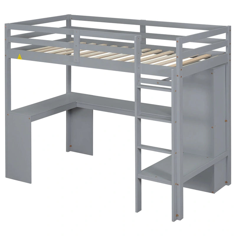Solid Wood Loft Bed with L-shaped Desk and Storage Shelves