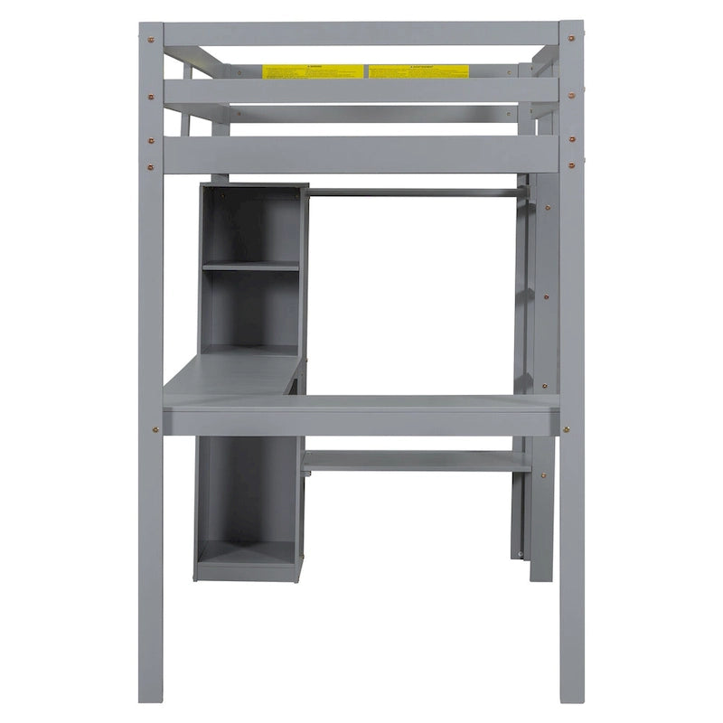 Solid Wood Loft Bed with L-shaped Desk and Storage Shelves