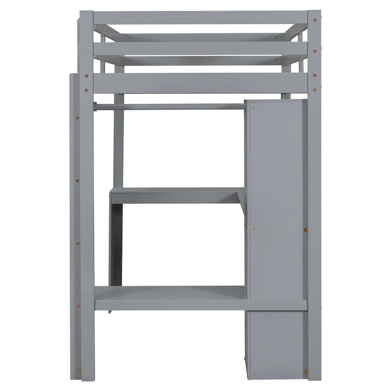 Solid Wood Loft Bed with L-shaped Desk and Storage Shelves
