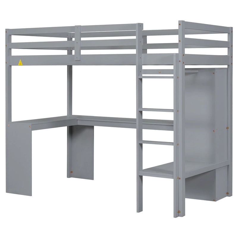 Solid Wood Loft Bed with L-shaped Desk and Storage Shelves