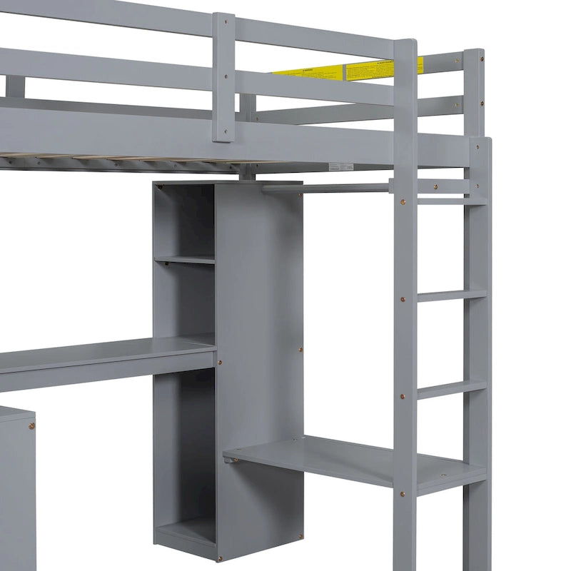 Solid Wood Loft Bed with L-shaped Desk and Storage Shelves