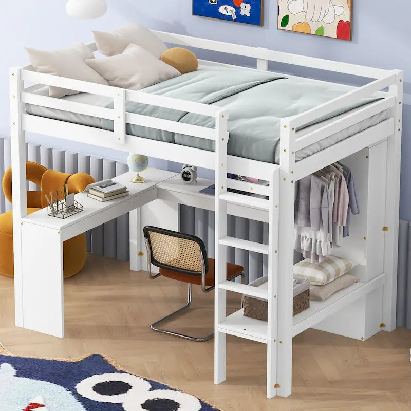 Solid Wood Loft Bed with L-shaped Desk and Storage Shelves