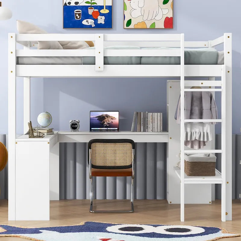 Solid Wood Loft Bed with L-shaped Desk and Storage Shelves