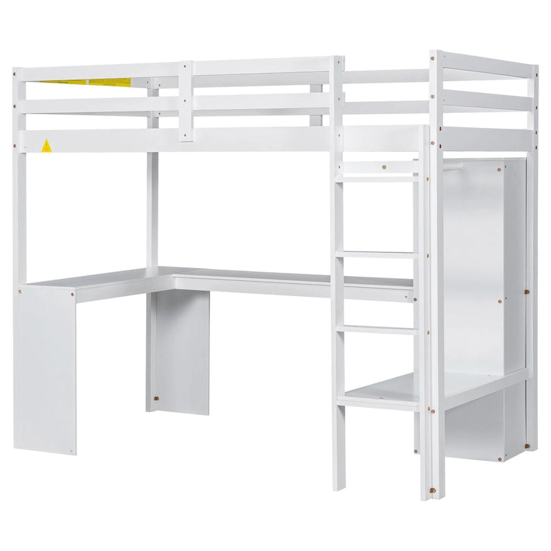 Solid Wood Loft Bed with L-shaped Desk and Storage Shelves