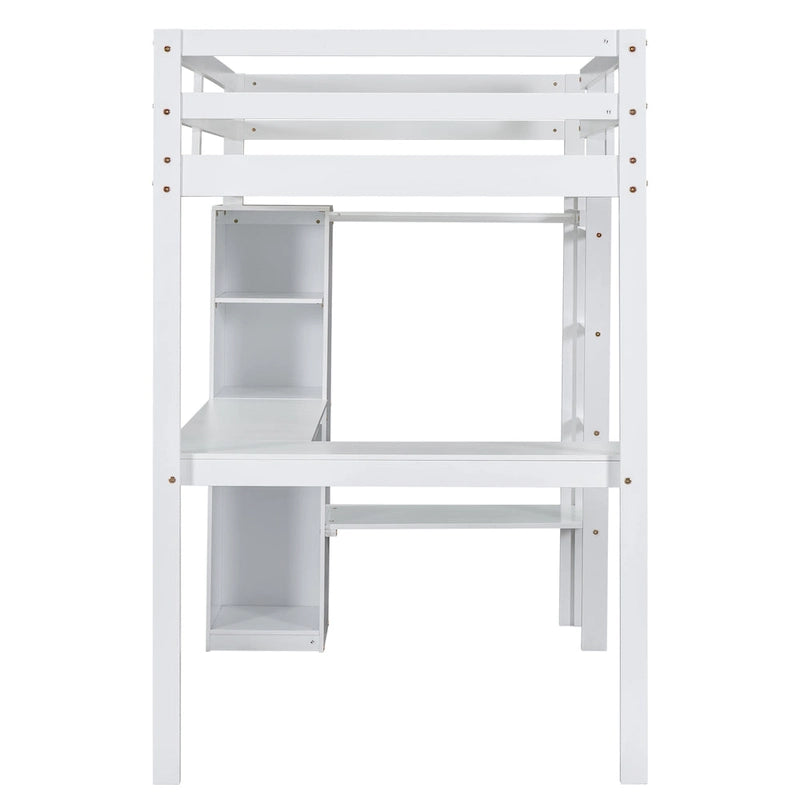 Solid Wood Loft Bed with L-shaped Desk and Storage Shelves
