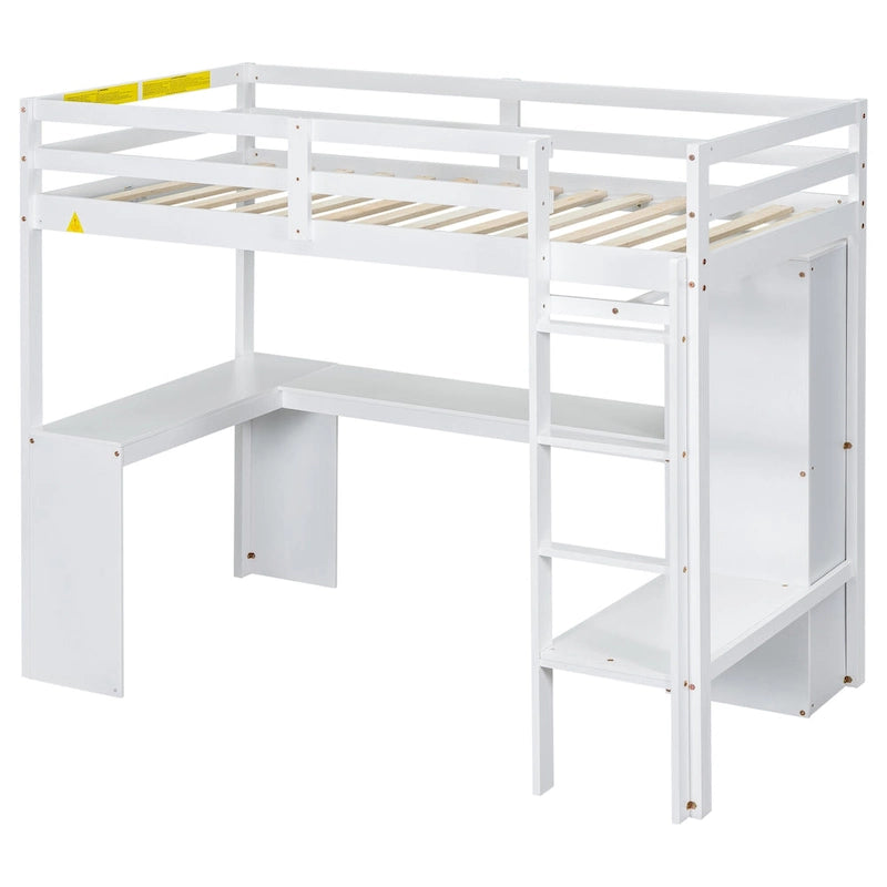 Solid Wood Loft Bed with L-shaped Desk and Storage Shelves