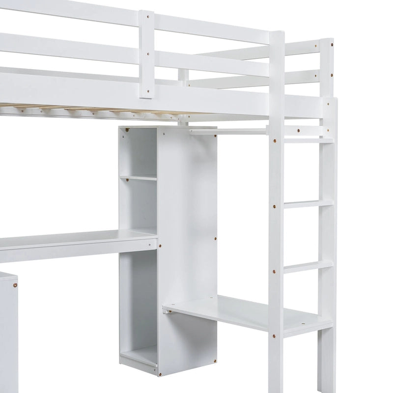 Solid Wood Loft Bed with L-shaped Desk and Storage Shelves