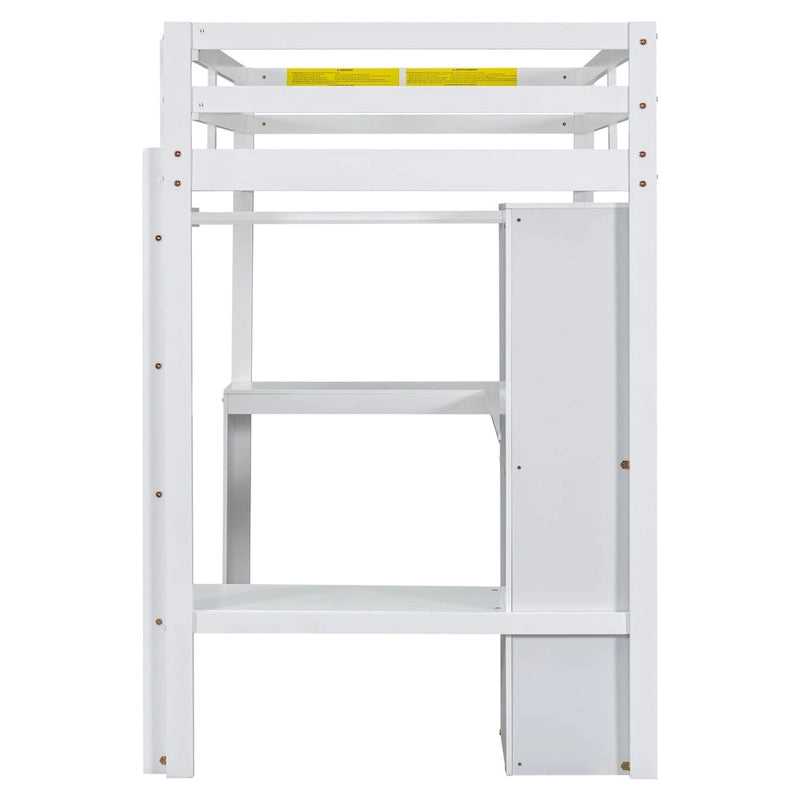 Solid Wood Loft Bed with L-shaped Desk and Storage Shelves