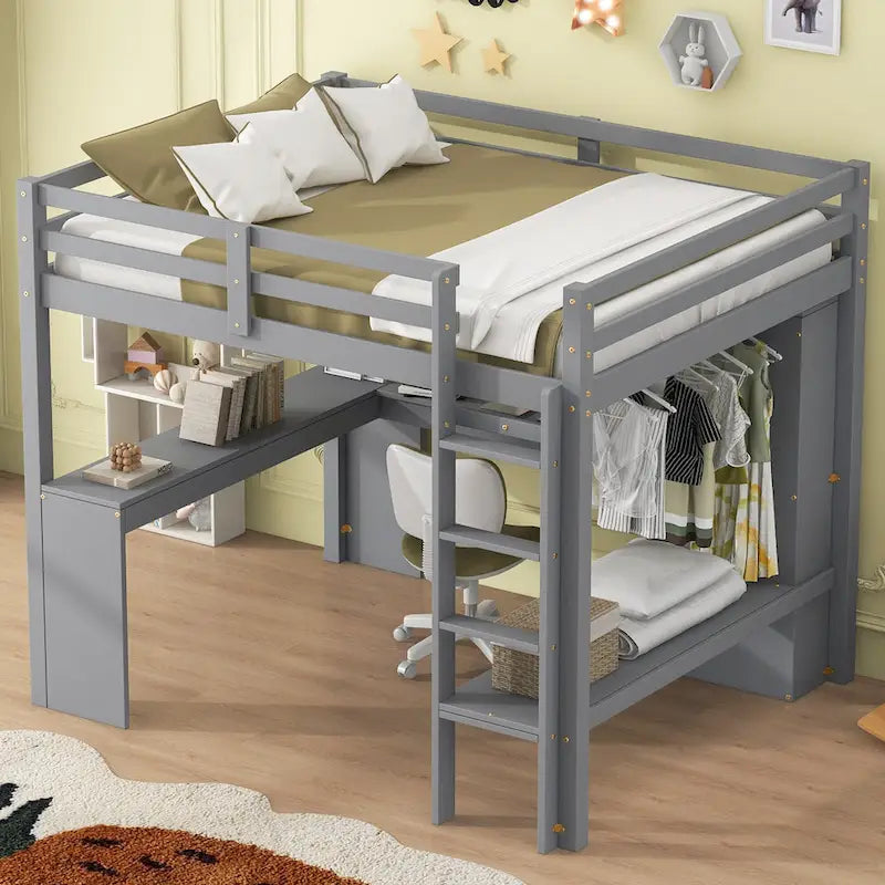 Solid Wood Loft Bed with L-shaped Desk and Storage Shelves